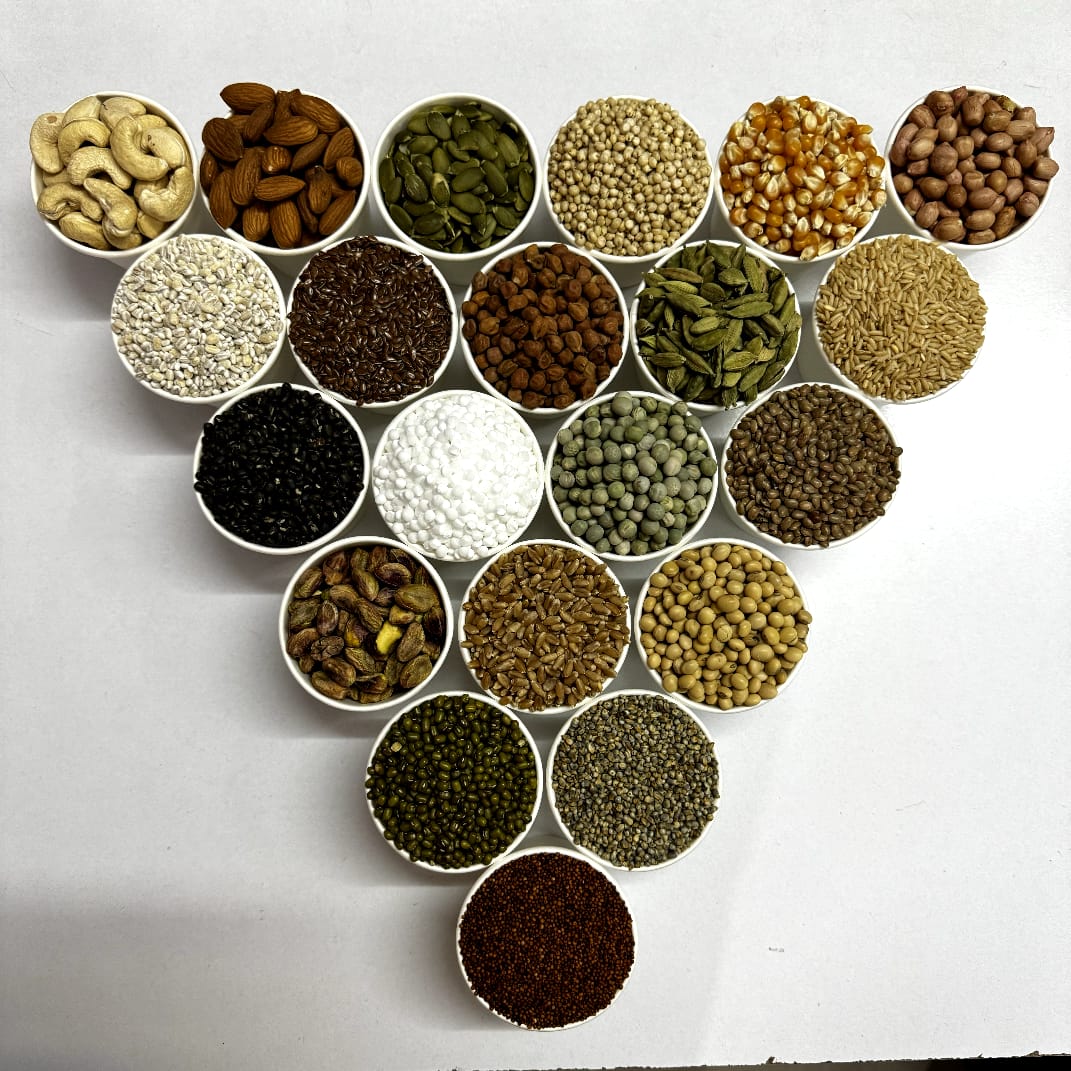 21 sprouted grains and nuts arranged in bowls